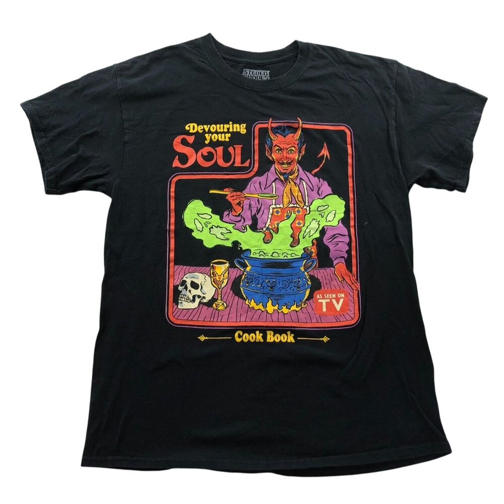 Steven Rhodes Mens T-Shirt Large Black Devouring Your Soul Cook Book Graphic Tee